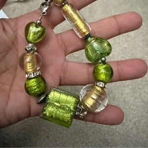 🌶️4/$25 Gold Beaded Vintage Sterling Silver Decorated Green Glass Bracelet Fine